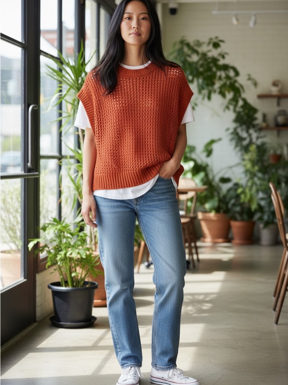 Madewell Open Knit Sweater Vest Rust Orange Lightweight Layering Top Women’s S